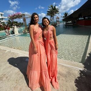 Salmon Pink Embellished Saree (Pant Set)